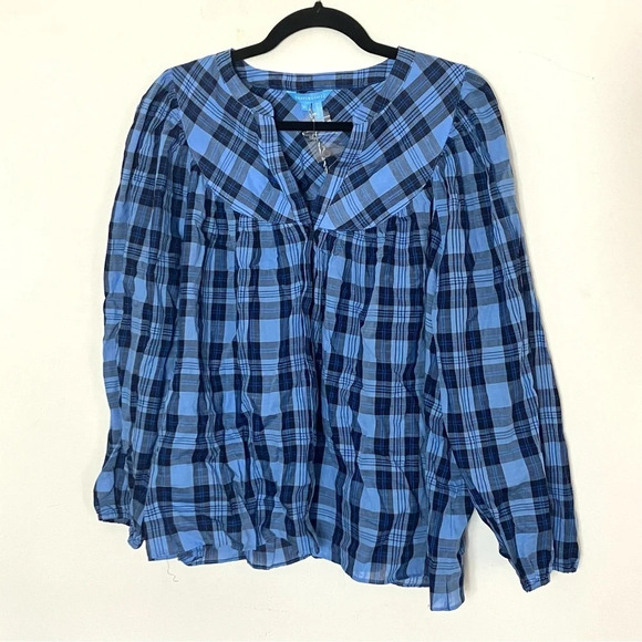Draper James Midnight Plaid Pleated Puff Shoulder Blouse Top XL NWT - Picture 3 of 6